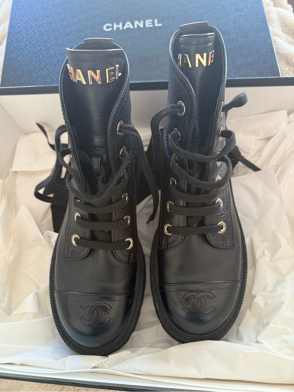 CHANEL Black Leather Lace-Up Combat Boots with Gold Logo